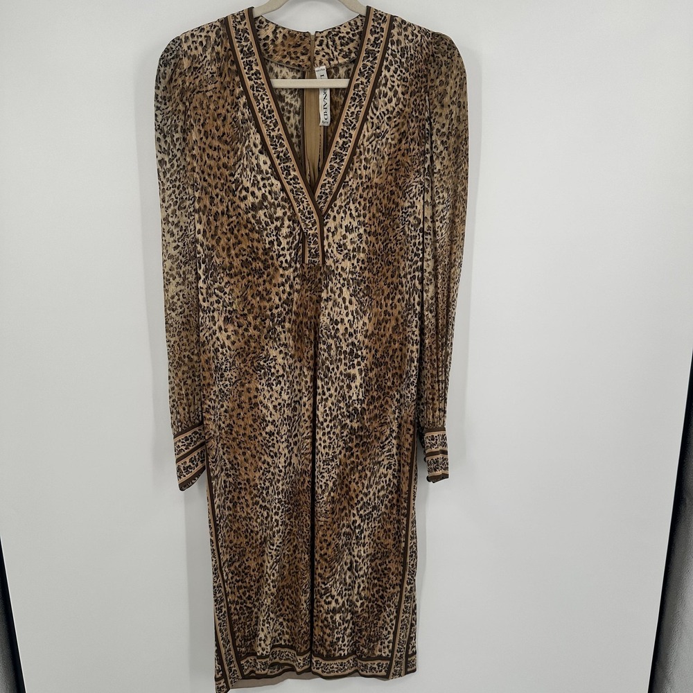 Leonard Paris Dress Womens Large Silk Jersey Leopard Print Long Sleeve Midi